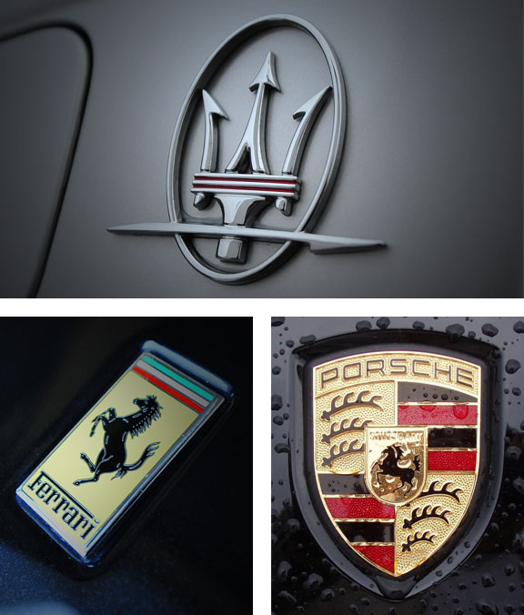 Maserati, Ferrari and Porsche badges