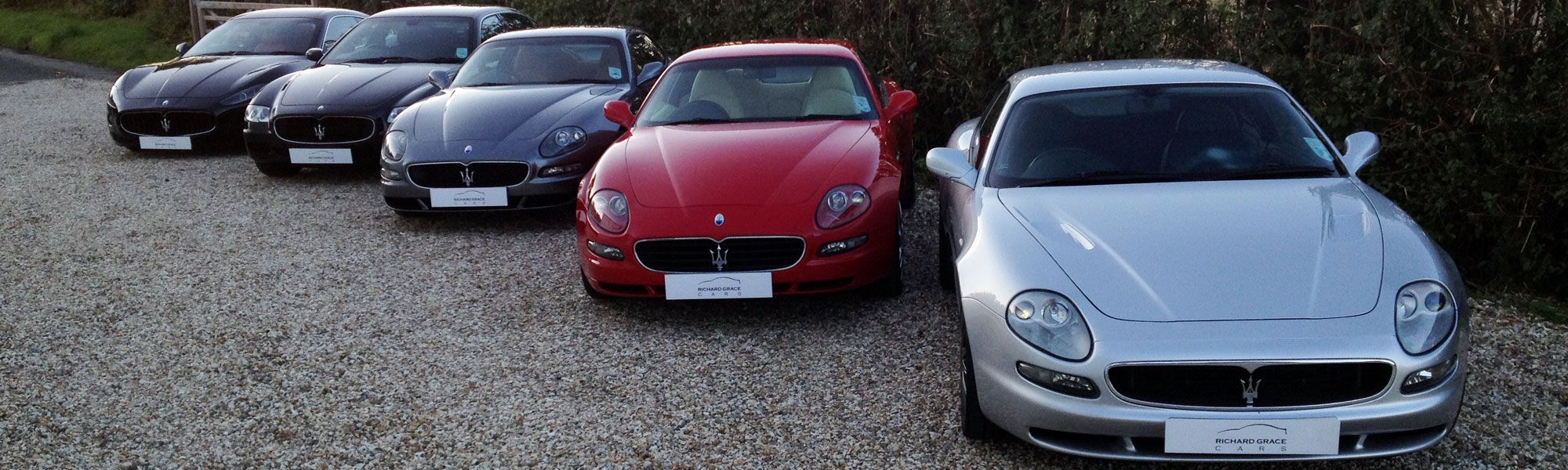 Line of Maserati vehicles at Richard Grace Cars in Chester